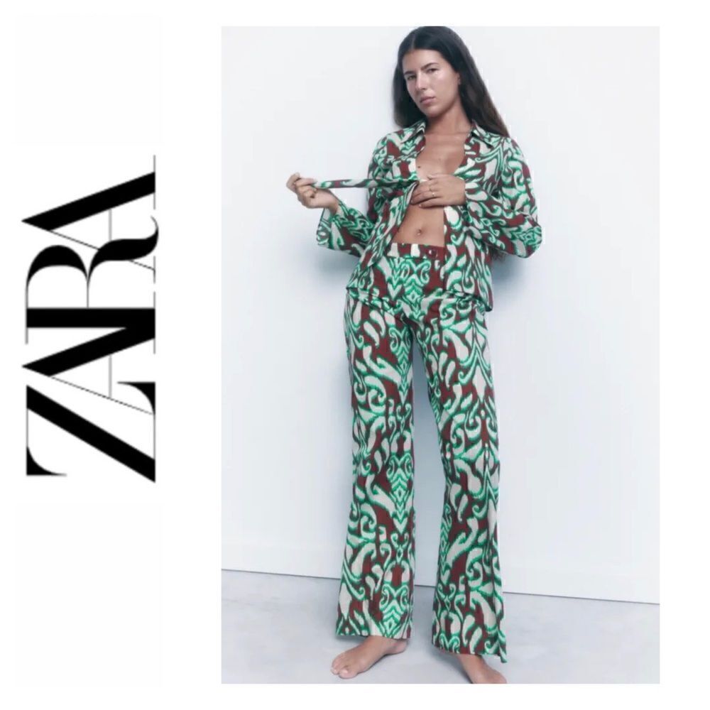 NWT Zara Printed Mid Rise Straight Leg 100% Cotton Pants, Size XS